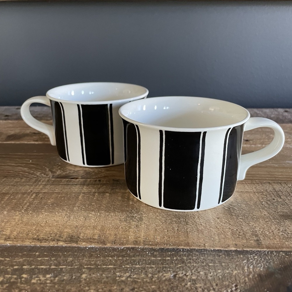 2 MIKASA Madison Avenue Flat Coffee Cups Mug(s) Laurie Gates Black White Stripe